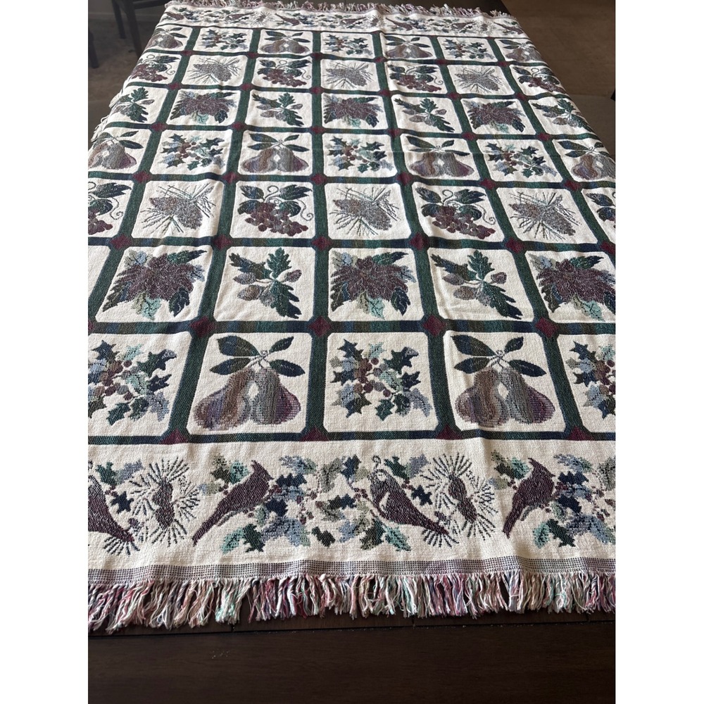 Goodwin Weavers Woven Cotton Throw Blanket Nature Birds Pears Grapes USA Made